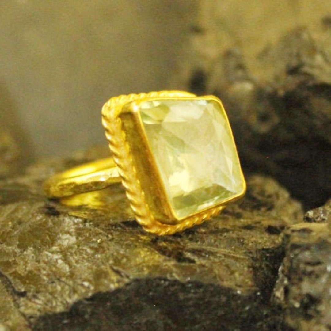 Green Amethyst Gold Over Ring Statement Ring Engagement Ring Green Stone Ring Fashion Ring