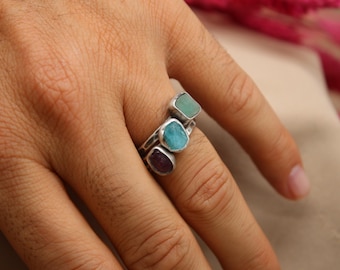 Oxized Band Raw Gemstone Ruby, Emerald, and Apatite Silver Rings: The Perfect Handmade Christmas Gift for Unique Elegance