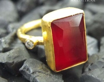 Ruby Ring | July Birthstone | Solitaire Ruby Ring | Handmade Ruby Crystal Ring | 24K Gold Vermeil | 925K Sterling Silver | By Artsmyrna