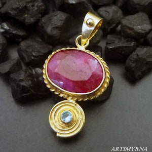 Ruby Silver Pendant | Red Stone Pendant | 24k Gold Over Pendant | Silver Jewelry | Dainty Gift | Fashion Gift | Ruby Pendant for Necklace