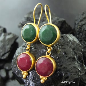 Ruby and Emerald Silver Dangle Earrings | Sterling Dangle Earrings | 24k Gold Over Red and Green Stone Earring | Dainty Gift | By Artsmyrna
