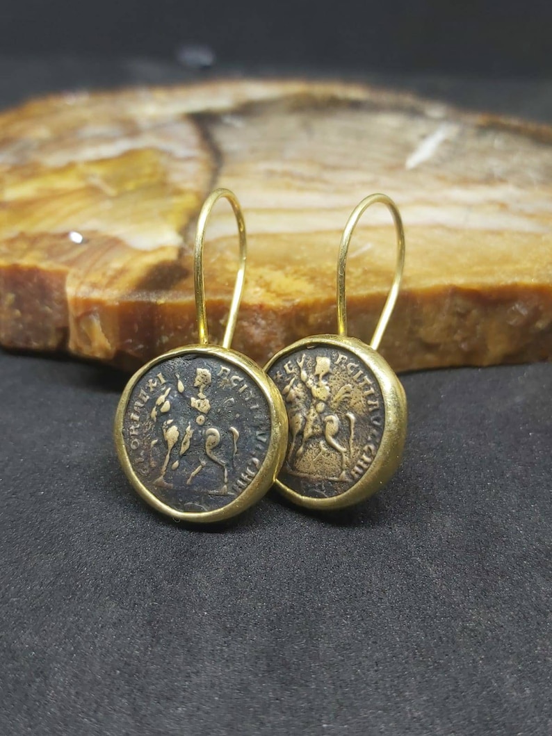 Intaglio Roman Coin Silver Earrings 925K Sterling Silver Gold Over Dangle Earrings Ancient Roman Coin Minimalist Earrings image 1