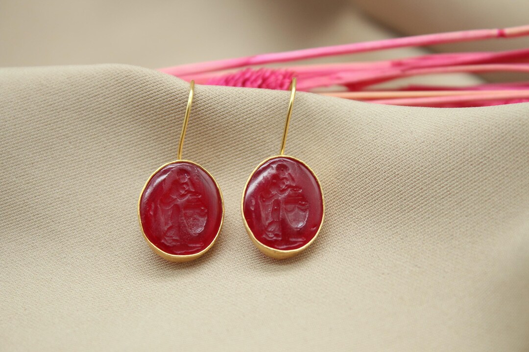 Red String Intaglio Roman Health Goddess Intaglio Red Glass Earrings, Handmade Jewelry ...