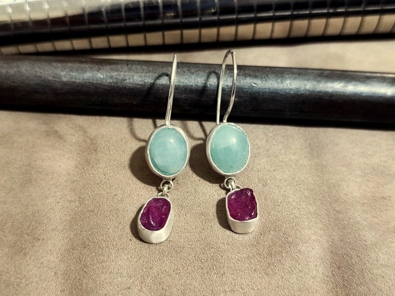 Raw Ruby and Aquamarine Silver Earrings 925K Sterling Silver Handmade Raw Stone Earrings Gold Over Minimalist Earring image 1
