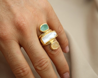 Raw Gemstone Citrine, Emerald, and Pearl Sterling Silver Ring, Handmade Vintage Design Jewelry, Perfect Valentine’s or Mother’s Day Gift