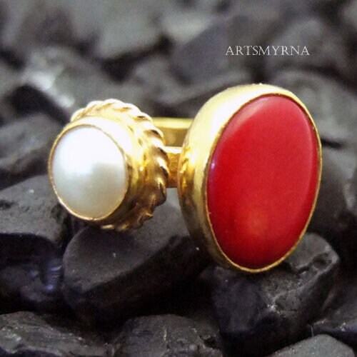 18k Gold Coral and Cultured Pearl Ring - Ruby Lane