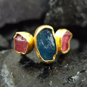 Sterling Silver 925K Gold Over 24K Handmade Three Stone Natural Rough Ruby And Apatite Hammered Band Ring | Silver Jewelry | By Art Smyrna