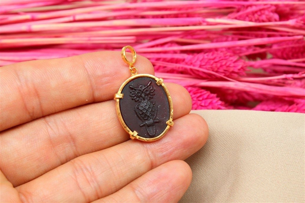 Real Intaglio Glass Owl Silver Pendant | Mothers Day