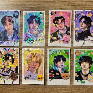 STRAY KIDS-OT8 Polaroid Fotokarten Set-portrait-SKZOO-Kpop-merch-photocards-holographic-holo-sparkle-handmade-digital painting-print-fanart