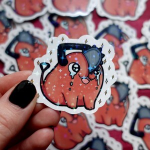 Contour gesneden sticker-vinyl-holografisch-met de hand gefolied-Happy Chainsaw Devil! kettingzaag-kettingzaag-duivel-glitter-regenboog-glanzend