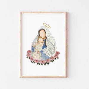 Mary & Baby Jesus, Blessed Mother, Watercolor Print, Our Lady, Virgin Mary, Watercolor Portrait