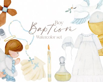 May include: Watercolor illustrations of a boy's baptism. The set includes a praying angel, a dove, a chalice, a candle, a bottle of oil, a baptismal gown, a bonnet, a shell, a rosary, and a cross. The set also includes five seamless patterns featuring these elements.