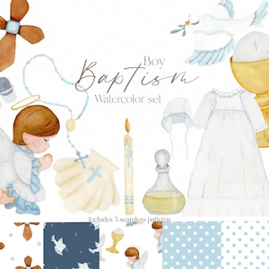DIGITAL Baptism Watercolor Set, Baby Boy, Clipart, PNG elements, Boy Set, Blue, Religious Elements