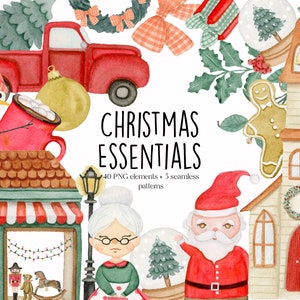 DIGITAL Christmas Elements, Watercolor Clipart, PNG elements, Digital Print, Holyday, Santa Claus, Snow, Winter, Christmas Patterns