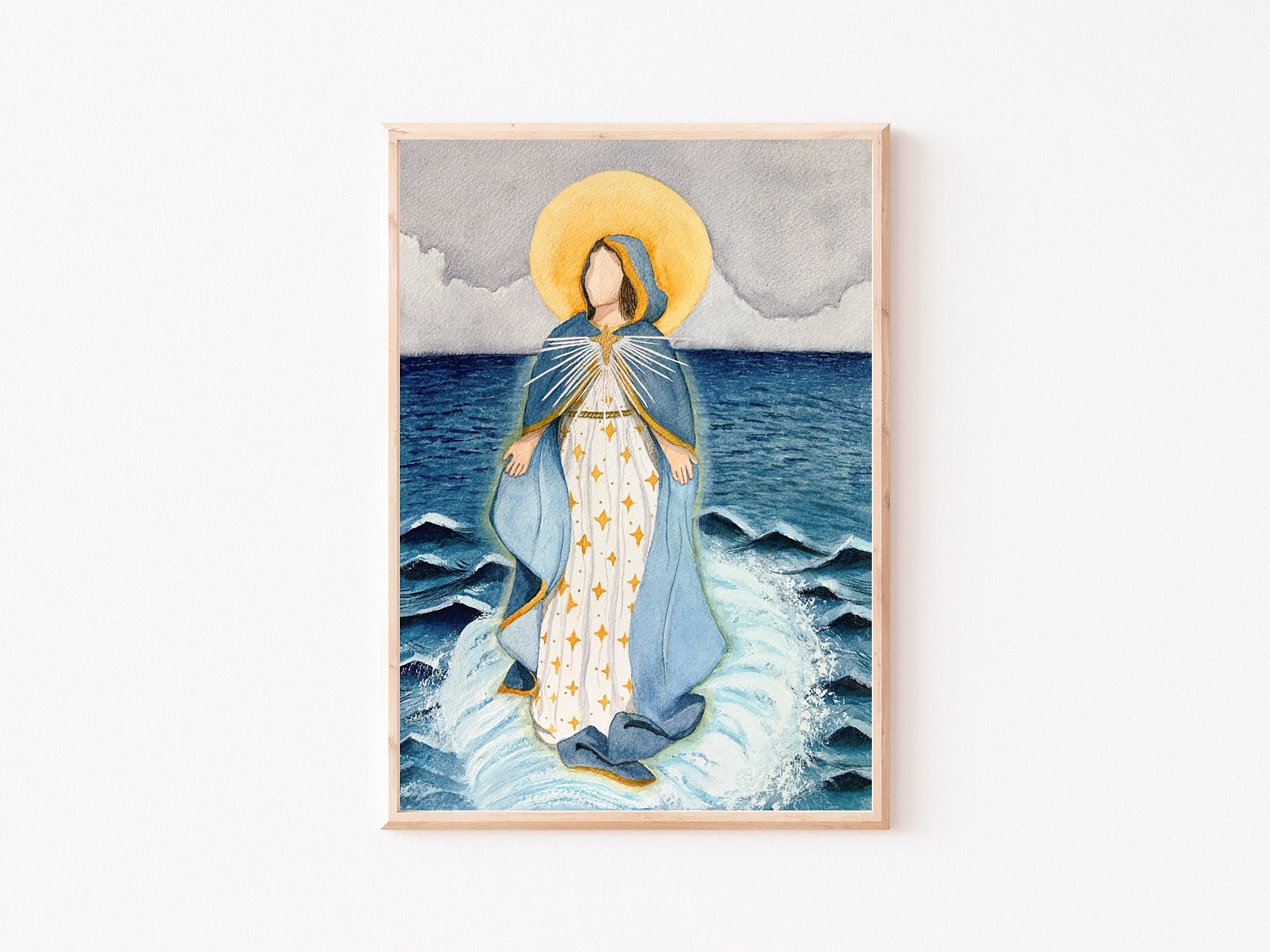 ステラマリス水彩画、海の星の聖母、マリア、カトリックの版画、聖母