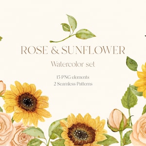 Watercolor Clipart, PNG Clipart, Digital Elements, Rose, Sunflower, Greenery, Flowers, Illustration