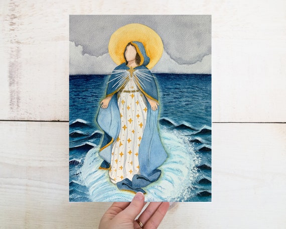 ステラマリス水彩画、海の星の聖母、マリア、カトリックの版画、聖母