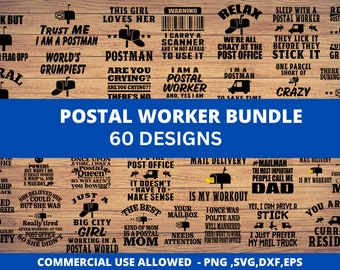 May include: A collection of 60 postal worker themed designs featuring funny and relatable sayings. The designs are in black text on a woodgrain background. The designs include sayings like "Trust me I am a postman", "World's grumpiest", "I am a postal worker", "Relax we're all crazy at the post office", "Sleep with a postal worker", "Retired postal worker", "They lick it before they stick it", "Full time grandpa", "One parcel short of crazy", "There is no calm during Christmas", "Working for the post office until the mothership comes back", "Powers bet when I do a wasp and a mailbox", "She believed she could, but she was just a big city girl working in a postal world", "Once upon a time, I was a postal queen, so why aren't you bowing?", "Post office it doesn't have to make sense", "The best kind of mom is a postal mom", "Mail delivery is my workout", "Mailman the most important people call me dad", "Mail delivery is my workout favorite people call me mom", "Your mailbox needs attention", "I once was polite and well mannered, then went to work for the post office", "Yes, I can drive a stick", "I just prefer my mail truck", "You are the current resident", "You're no longer my priority", "Retired postal worker after working at the post office, so she didn't".