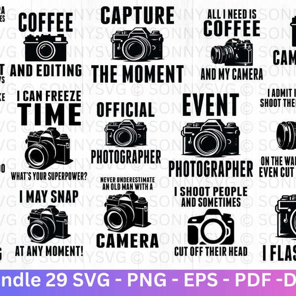 Bundle photographe appareil photo SVG, 29 photographe Svg photographie svg, clipart appareil photo, photographe png, art mignon de photographie