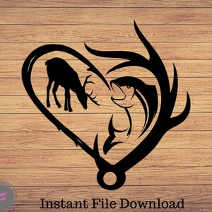 Corazón de caza y pesca, svg de pesca, archivo de corte de pesca, cricut de pesca, svg de caza, svg de caza y pesca, svg de cuernos de venado de caza, silueta