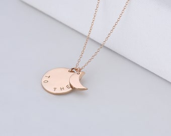 To the moon pendant in Rose gold necklace• love gift engraved necklace • Hand stamped to the moon • gift for love • dainty Necklace