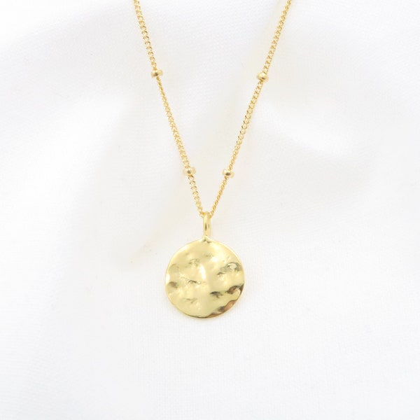 Hammered gold filled disc pendant • Round disc  Necklace • Coin necklace, Solid gold Necklace for Women • Gold medallion gift for woman