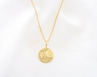 Textured 18K handmade, Solid Gold pendant Necklace 0,9 cm, Coin necklace, Gold Necklace for Women • Gold disc pendant