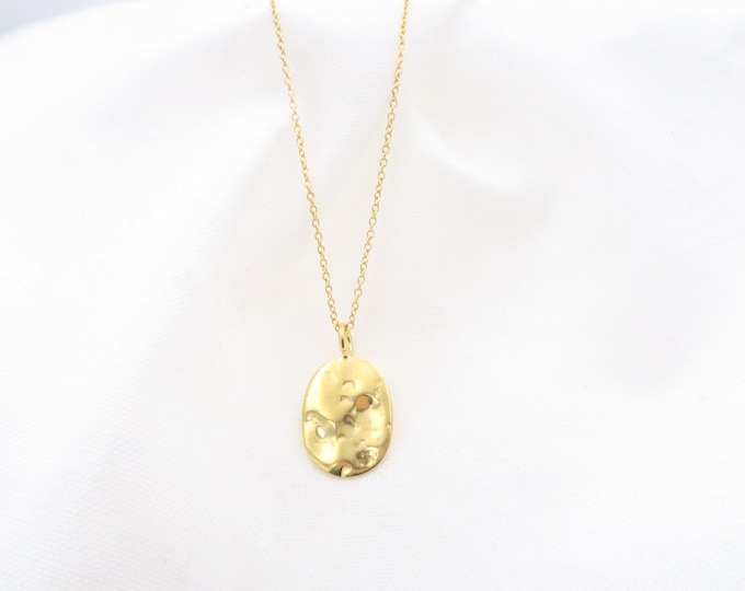 18k Solid Gold Halskette • Oval gehämmerte Scheibe Halskette • Münze Halskette, Solid Gold Halskette für Frauen • Gold Medaillon Geschenk für Frau