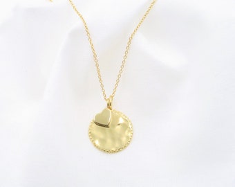 Really Handmade • Double pendant Hammered gold heart • 18k Solid gold textured disk 20 mm • Dainty gold disc, woman's Necklace