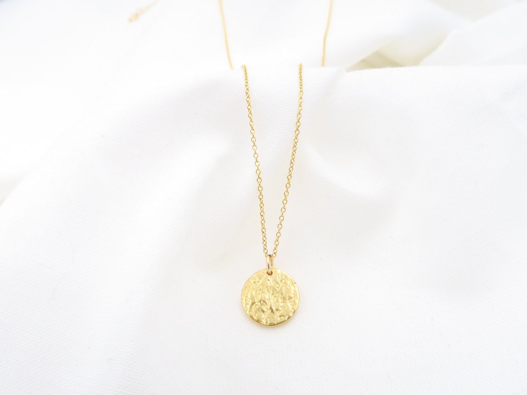 18k Solid Gold Necklace Round Disc Hammered Necklace Coin Necklace, Solid Gold Necklace for