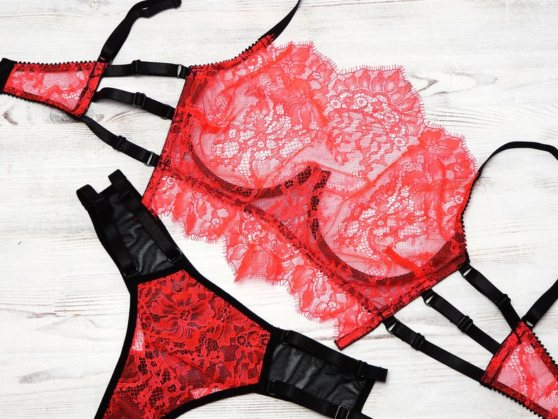 Red Lace Lingerie Set Halter Bra Sexy Lingerie Set Etsy