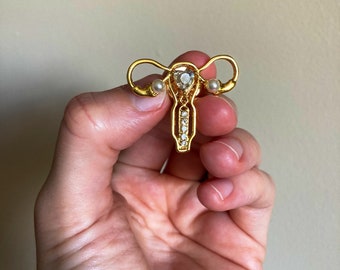 Feminist Uterus Enamel Pin: Gold, Rhinestones & Faux Pearls
