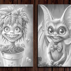 May include: Two black and white illustrations of cute, cartoon-like creatures with large eyes and toothy grins. The first creature is a plant with a pot and hearts around it. The second creature is a bat with a bow tie.