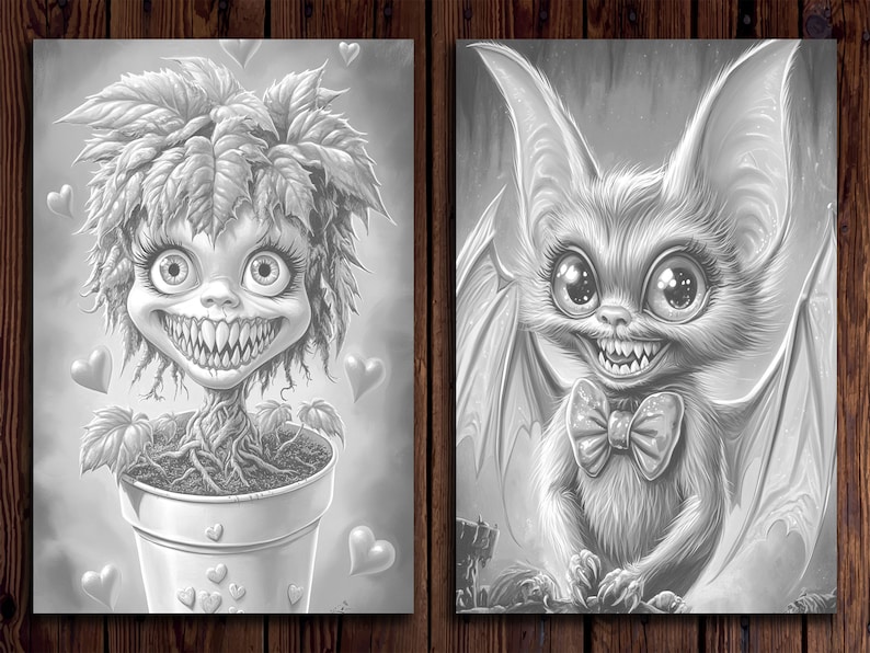 May include: Two black and white illustrations of cute, cartoon-like creatures with large eyes and toothy grins. The first creature is a plant with a pot and hearts around it. The second creature is a bat with a bow tie.