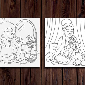 May include: Two black and white illustrations of a person. The first illustration shows a person applying makeup in front of a mirror. The second illustration shows a person sitting in bed with a cup of tea and a dog.