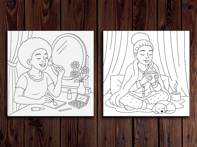 May include: Two black and white illustrations of a person. The first illustration shows a person applying makeup in front of a mirror. The second illustration shows a person sitting in bed with a cup of tea and a dog.