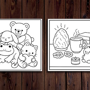 K&ouml;nnte beinhalten: Zwei quadratische Kunstdrucke. Einer zeigt einen B&auml;ren, ein Kaninchen, einen Frosch und eine Katze. Der andere zeigt eine Salzlampe, eine Tasse Tee, einen Stapel B&uuml;cher, eine Kerze, eine Ente und zwei Scrunchies. Alle Illustrationen sind in Schwarzwei&szlig;.