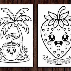 Puede incluir: Dos ilustraciones en blanco y negro sobre papel blanco. Una representa un coco de dibujos animados con una pajita y una palmera con el texto "Island Vibes". La otra es una fresa de dibujos animados con el texto "sweet treat".