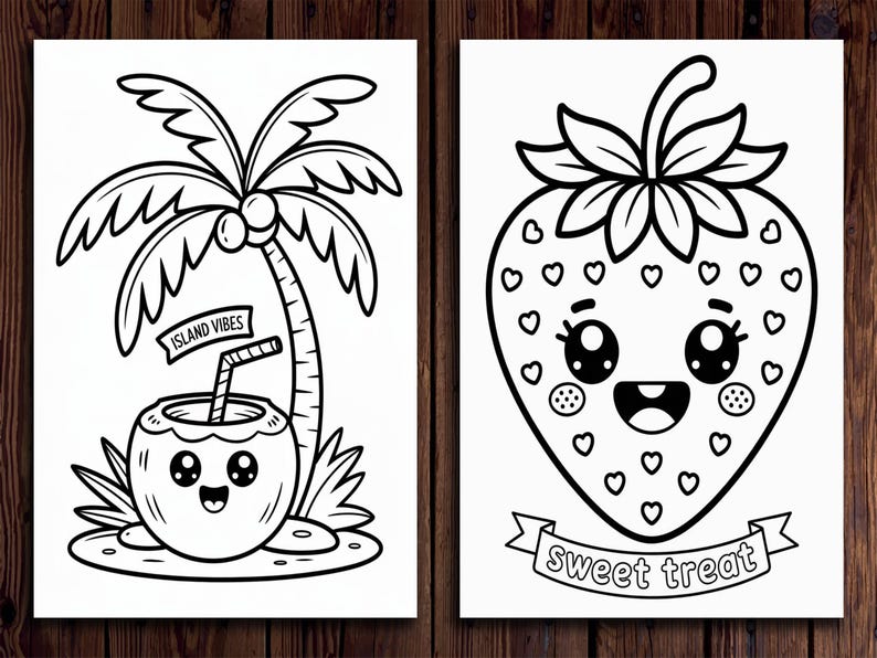 Puede incluir: Dos ilustraciones en blanco y negro sobre papel blanco. Una representa un coco de dibujos animados con una pajita y una palmera con el texto "Island Vibes". La otra es una fresa de dibujos animados con el texto "sweet treat".
