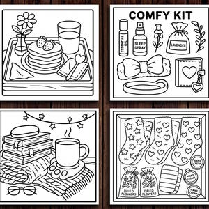K&ouml;nnte beinhalten: Schwarz-Wei&szlig;-Illustrationen von Komfortartikeln. Eine zeigt Fr&uuml;hst&uuml;ck auf einem Tablett, eine andere ein "Comfy Kit" mit &auml;therischem &Ouml;l und Schlafspray, eine dritte mit B&uuml;chern und einer Tasse und die letzte mit Socken und Trockenblumen.