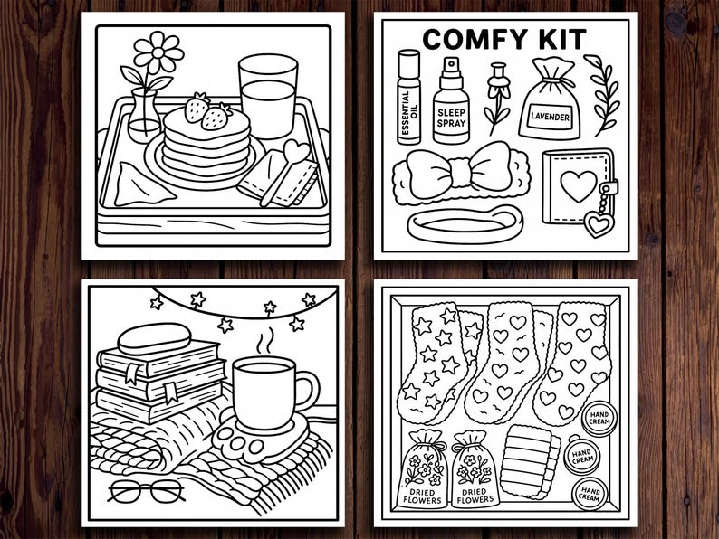 K&ouml;nnte beinhalten: Schwarz-Wei&szlig;-Illustrationen von Komfortartikeln. Eine zeigt Fr&uuml;hst&uuml;ck auf einem Tablett, eine andere ein "Comfy Kit" mit &auml;therischem &Ouml;l und Schlafspray, eine dritte mit B&uuml;chern und einer Tasse und die letzte mit Socken und Trockenblumen.