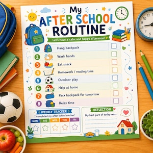May include: A white paper chart titled My After School Routine with a numbered list of eight tasks including hang backpack, wash hands, eat snack, homework, outdoor play, help at home, pack backpack, and relax time, plus a weekly tracker and reflection.