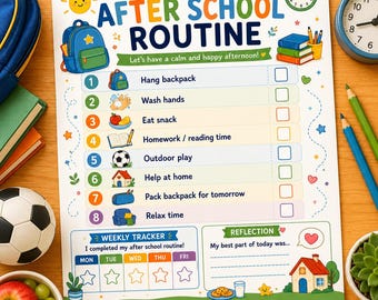 May include: A white paper chart titled My After School Routine with a numbered list of eight tasks including hang backpack, wash hands, eat snack, homework, outdoor play, help at home, pack backpack, and relax time, plus a weekly tracker and reflection.