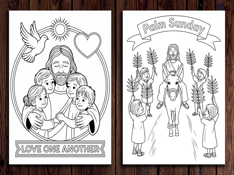 May include: Black and white coloring page featuring two scenes. The first scene depicts Jesus with children, with the text "Love One Another". The second scene shows Jesus riding a donkey with people holding palm branches, with the text "Palm Sunday".