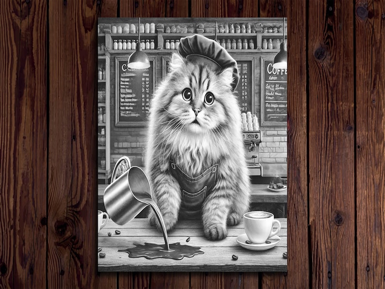 May include: A black and white illustration of a cat wearing a chef's hat pouring coffee from a pitcher into a cup. The cat is standing behind a counter with a coffee machine and other coffee-related items.