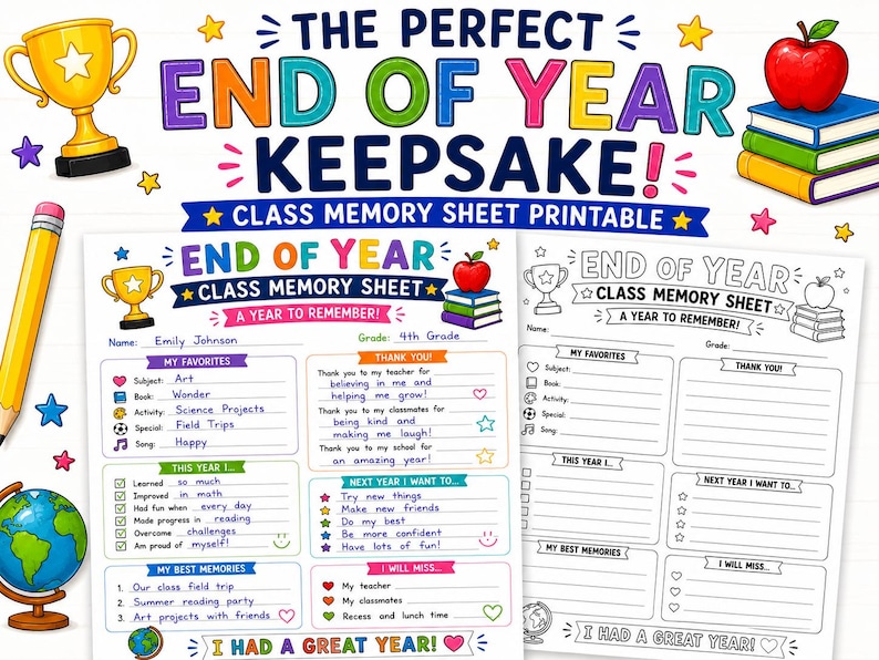 End of Year Class Memory Sheet – Student Keepsake Printable (digital ...