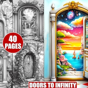Op de afbeelding: Een kleurboek met 40 pagina's met gedetailleerde illustraties van deuren die naar fantastische werelden leiden. De omslag toont een kleurrijke deur die opengaat naar een magisch landschap met een blauwe zee, weelderig groen en een sterrenhemel.