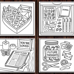 May include: Black and white line art illustrations of stationery and planning items. Includes a heart-shaped box with "Love You" notes, a drawer with stickers and a journal, a planner with a candle, and a jar labelled "Future Thoughts".