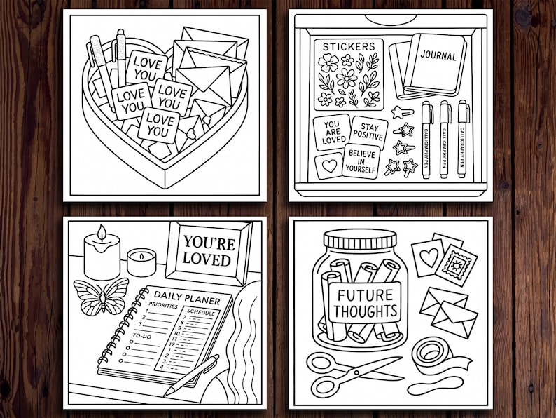 May include: Black and white line art illustrations of stationery and planning items. Includes a heart-shaped box with "Love You" notes, a drawer with stickers and a journal, a planner with a candle, and a jar labelled "Future Thoughts".