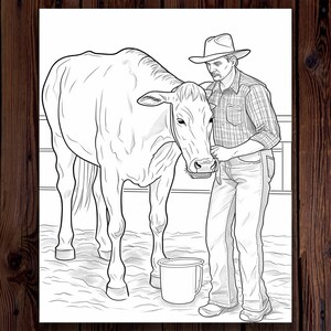 May include: A black and white line drawing of a cowboy in a hat and plaid shirt, standing next to a cow. The cowboy is holding a rope and the cow is looking at the cowboy.